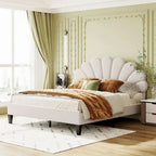 Letto matrimoniale imbottito con piattaforma, testiera in velluto floreale, beige/rosso pasta di fagioli, 2 posti letto