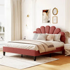 Letto matrimoniale imbottito con piattaforma, testiera in velluto floreale, beige/rosso pasta di fagioli, 2 posti letto