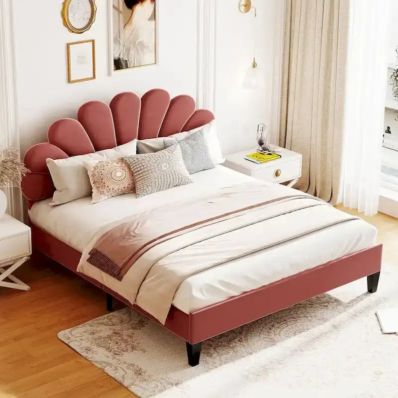 Letto matrimoniale imbottito con piattaforma, testiera in velluto floreale, beige/rosso pasta di fagioli, 2 posti letto