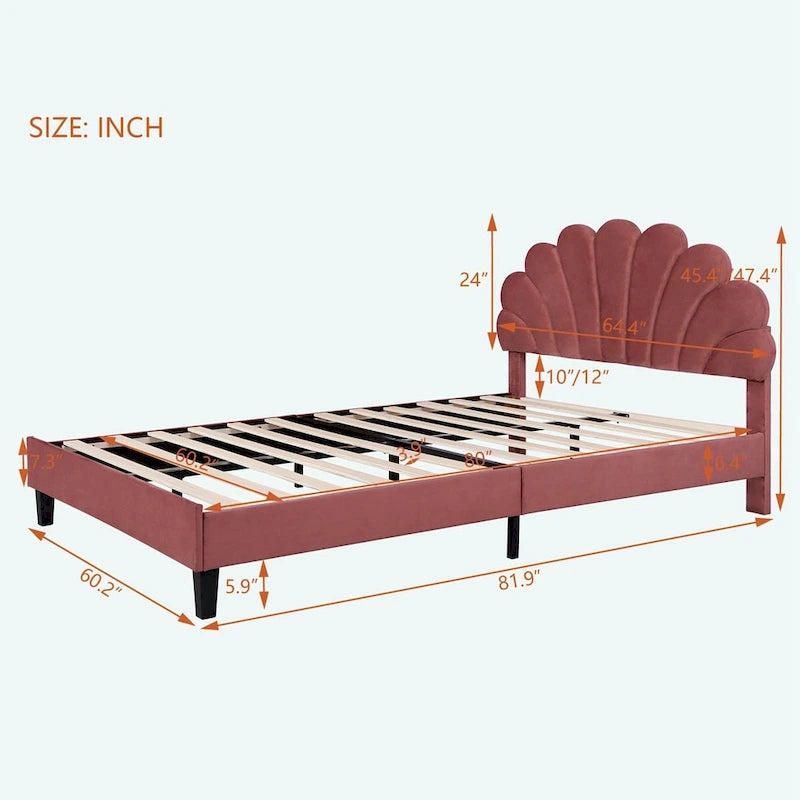 Letto matrimoniale imbottito con piattaforma, testiera in velluto floreale, beige/rosso pasta di fagioli, 2 posti letto