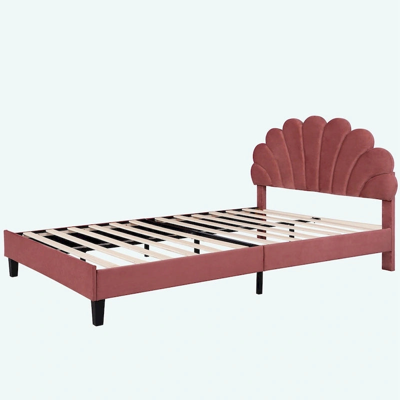 Letto matrimoniale imbottito con piattaforma, testiera in velluto floreale, beige/rosso pasta di fagioli, 2 posti letto