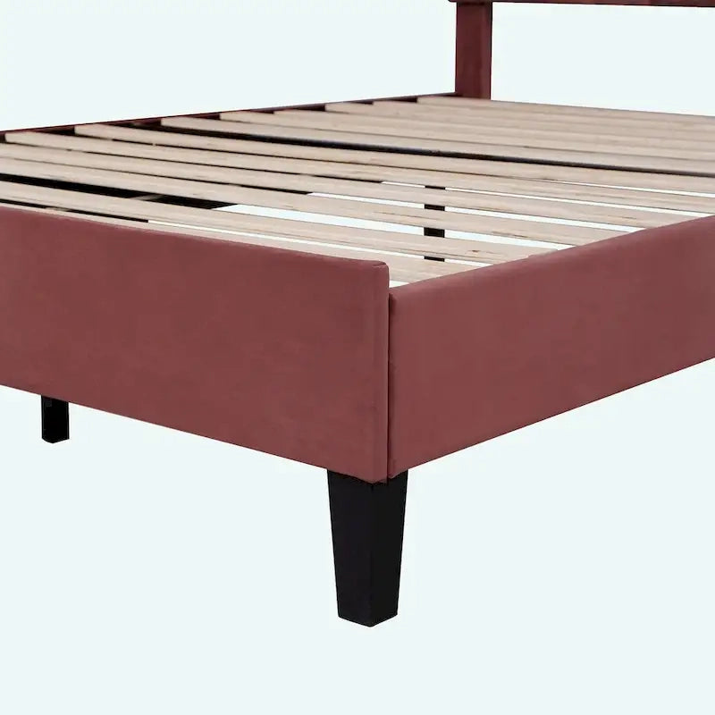 Letto matrimoniale imbottito con piattaforma, testiera in velluto floreale, beige/rosso pasta di fagioli, 2 posti letto