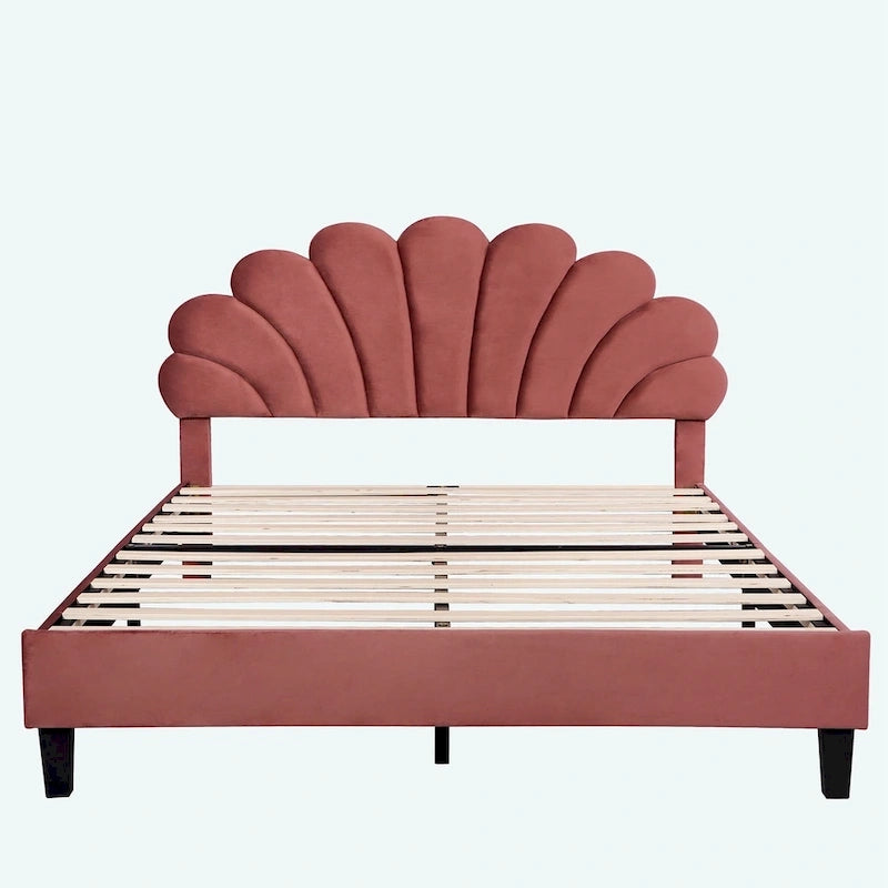 Letto matrimoniale imbottito con piattaforma, testiera in velluto floreale, beige/rosso pasta di fagioli, 2 posti letto