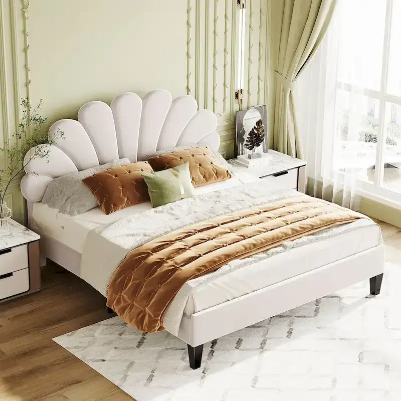 Letto matrimoniale imbottito con piattaforma, testiera in velluto floreale, beige/rosso pasta di fagioli, 2 posti letto