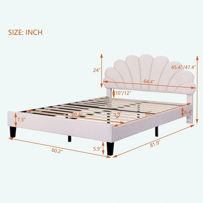 Letto matrimoniale imbottito con piattaforma, testiera in velluto floreale, beige/rosso pasta di fagioli, 2 posti letto