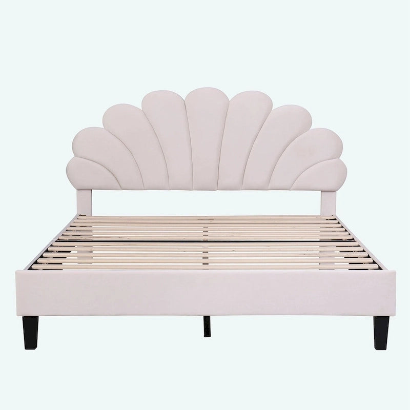 Letto matrimoniale imbottito con piattaforma, testiera in velluto floreale, beige/rosso pasta di fagioli, 2 posti letto