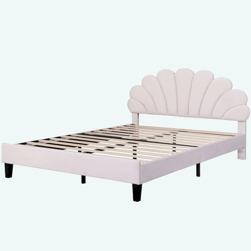 Letto matrimoniale imbottito con piattaforma, testiera in velluto floreale, beige/rosso pasta di fagioli, 2 posti letto