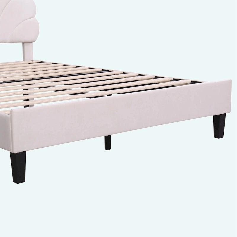 Letto matrimoniale imbottito con piattaforma, testiera in velluto floreale, beige/rosso pasta di fagioli, 2 posti letto
