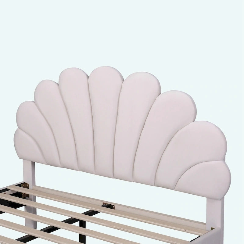 Letto matrimoniale imbottito con piattaforma, testiera in velluto floreale, beige/rosso pasta di fagioli, 2 posti letto