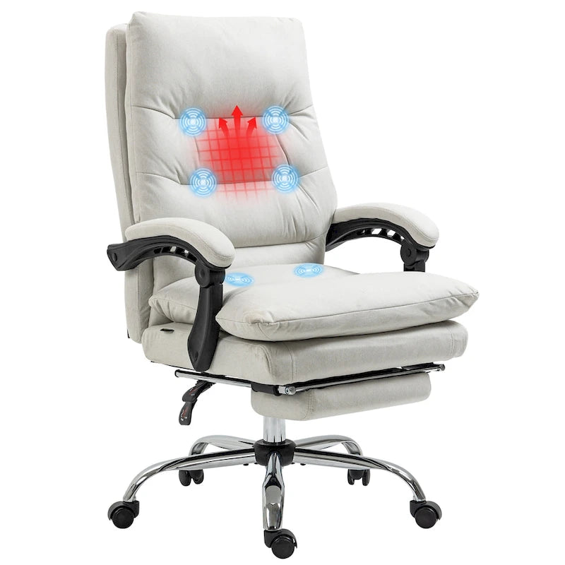 Sedia da ufficio massaggiante reclinabile color bianco crema con poggiapiedi, 1 posto