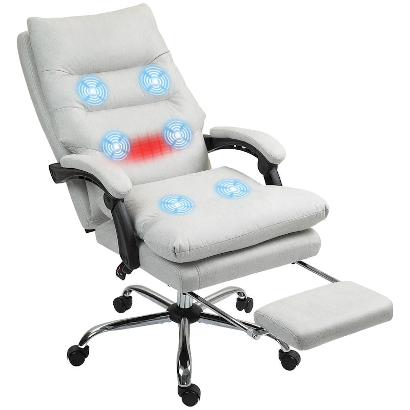 Sedia da ufficio massaggiante reclinabile color bianco crema con poggiapiedi, 1 posto