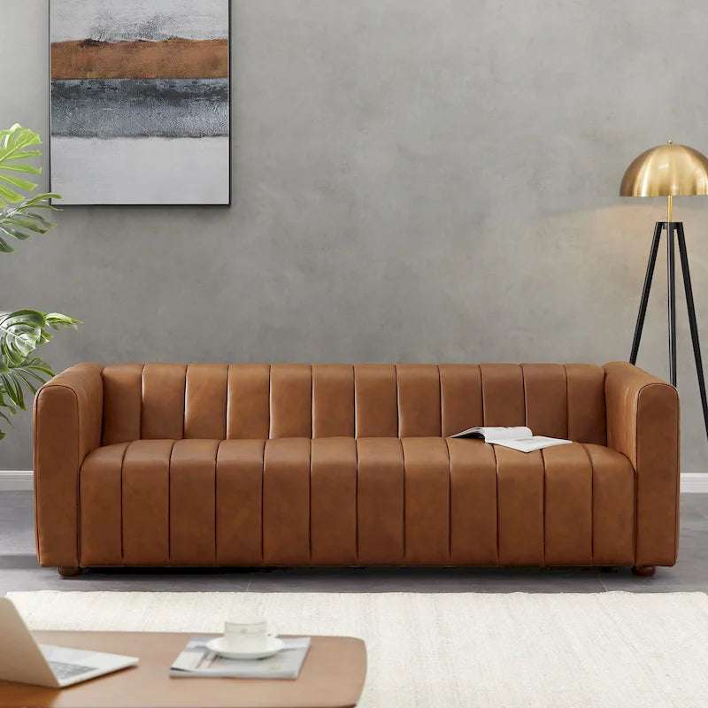 Divano Mid-Century in Pelle Pieno Fiore Tufted Color Cuoio, 2 Posti