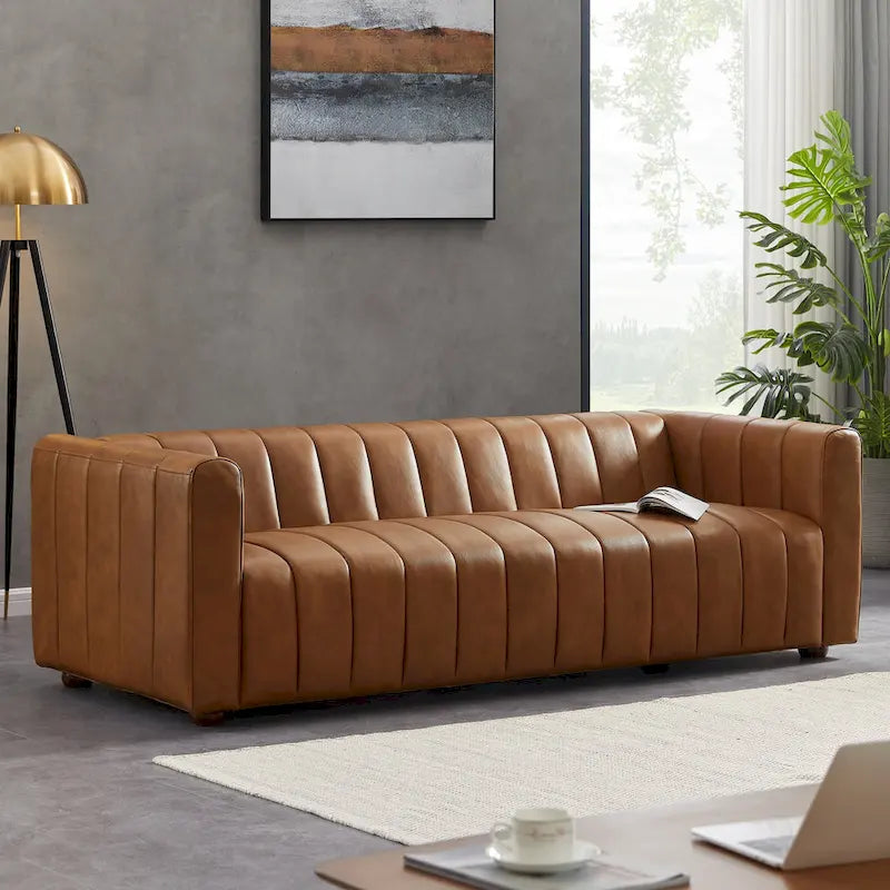 Divano Mid-Century in Pelle Pieno Fiore Tufted Color Cuoio, 2 Posti
