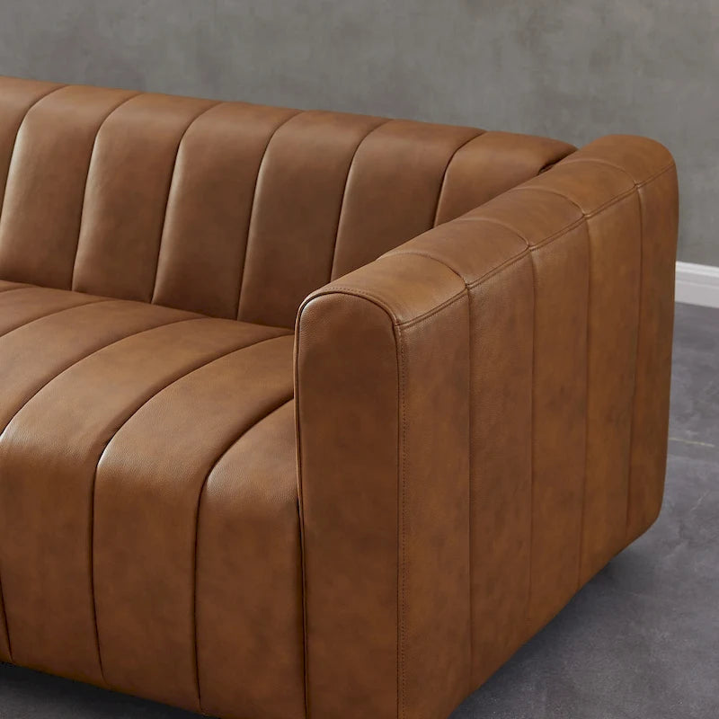 Divano Mid-Century in Pelle Pieno Fiore Tufted Color Cuoio, 2 Posti