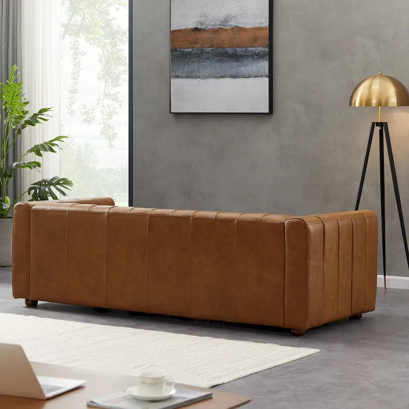 Divano Mid-Century in Pelle Pieno Fiore Tufted Color Cuoio, 2 Posti