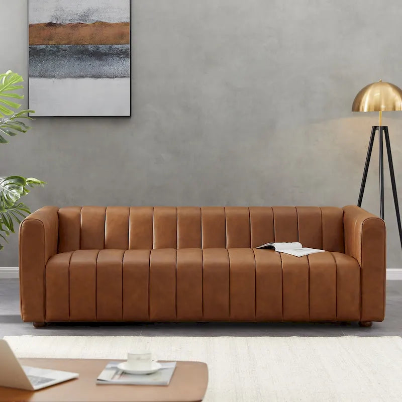 Divano Mid-Century in Pelle Pieno Fiore Tufted Color Cuoio, 2 Posti