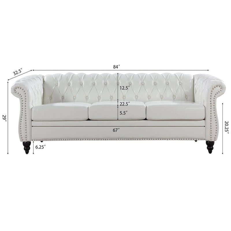 Divano Chesterfield a braccioli arrotolati da 84", bianco, 3 posti