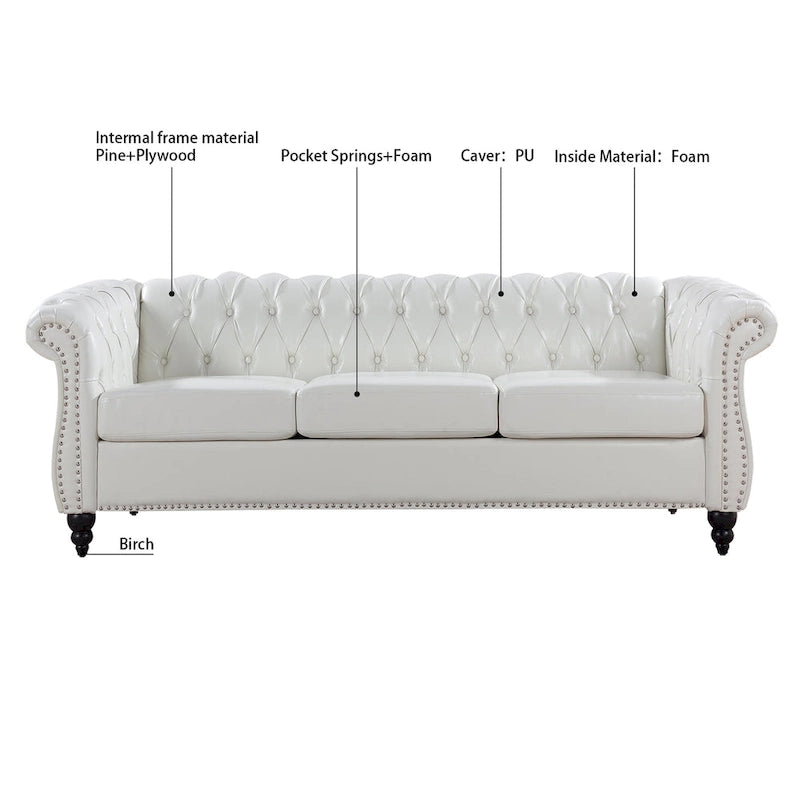 Divano Chesterfield a braccioli arrotolati da 84", bianco, 3 posti