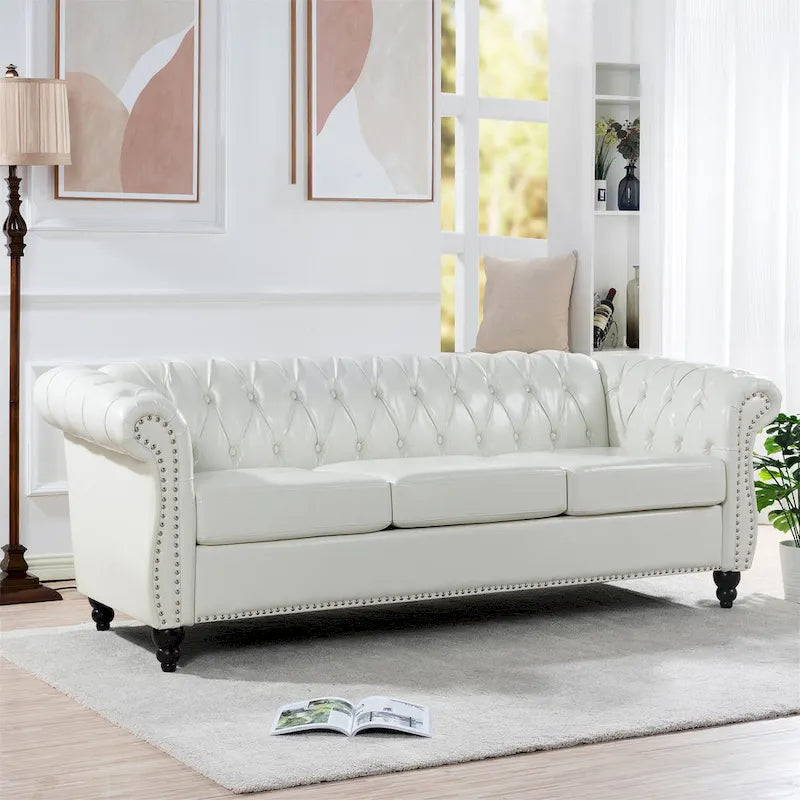 Divano Chesterfield a braccioli arrotolati da 84", bianco, 3 posti