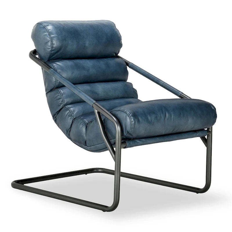 Poltrona singola, in pelle marrone/blu, con schienale a canale