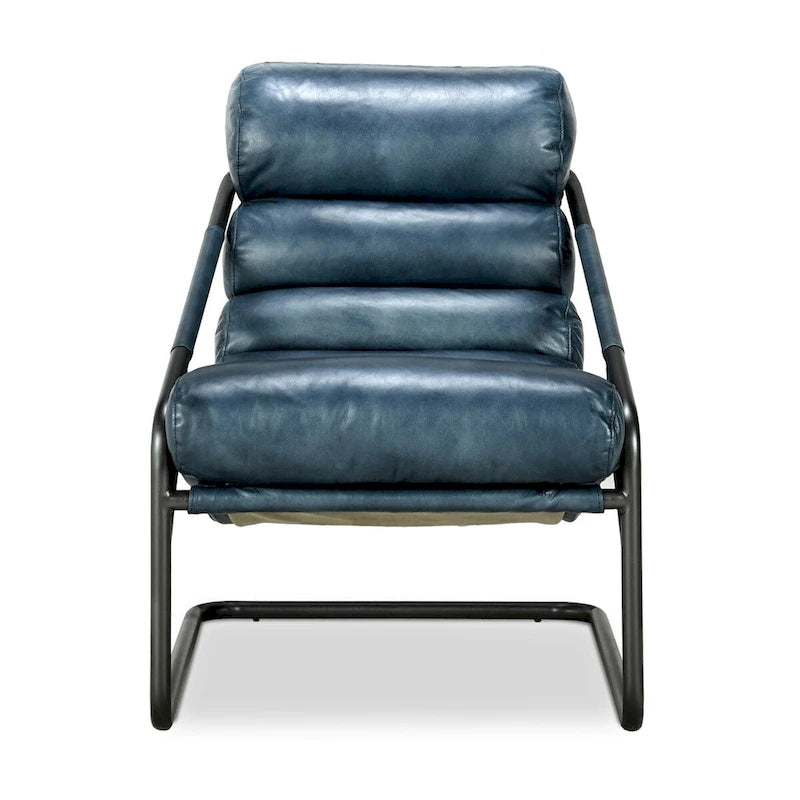 Poltrona singola, in pelle marrone/blu, con schienale a canale