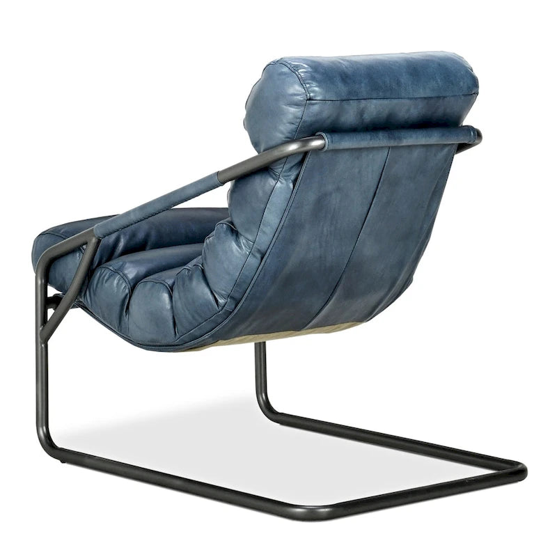 Poltrona singola, in pelle marrone/blu, con schienale a canale