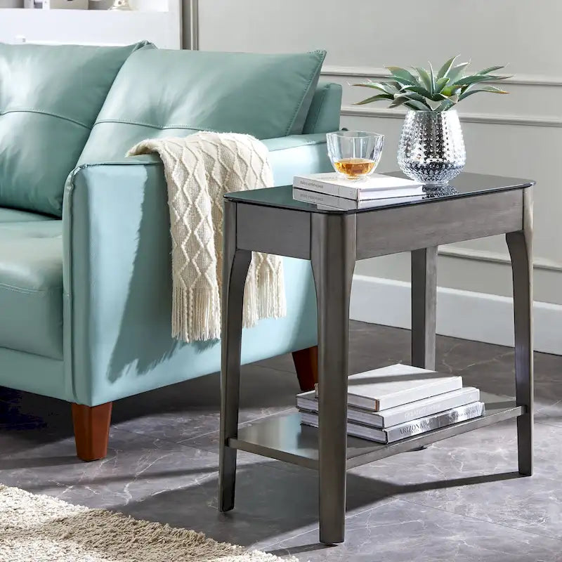Tavolino stretto con piano in vetro nero, marrone/grigio, monoposto