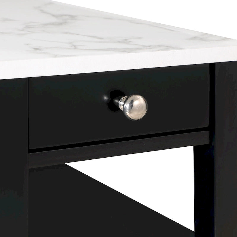 Tavolino d'appoggio con 1 cassetto e ripiani in finto marmo bianco e legno, bicolore, singolo