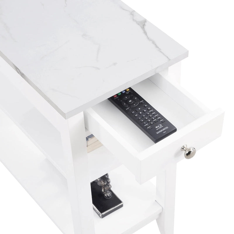 Tavolino d'appoggio con 1 cassetto e ripiani in finto marmo bianco e legno, bicolore, singolo