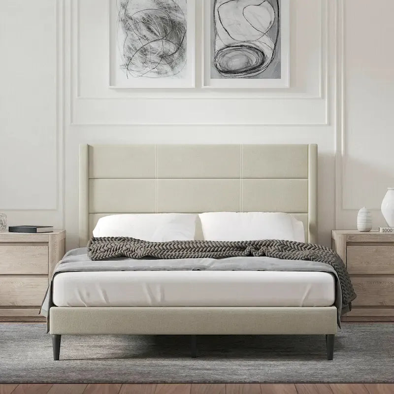 Letto imbottito con testiera ad ali in beige / grigio / pietra