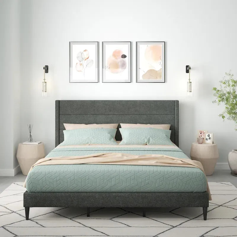 Letto imbottito con testiera ad ali in beige / grigio / pietra