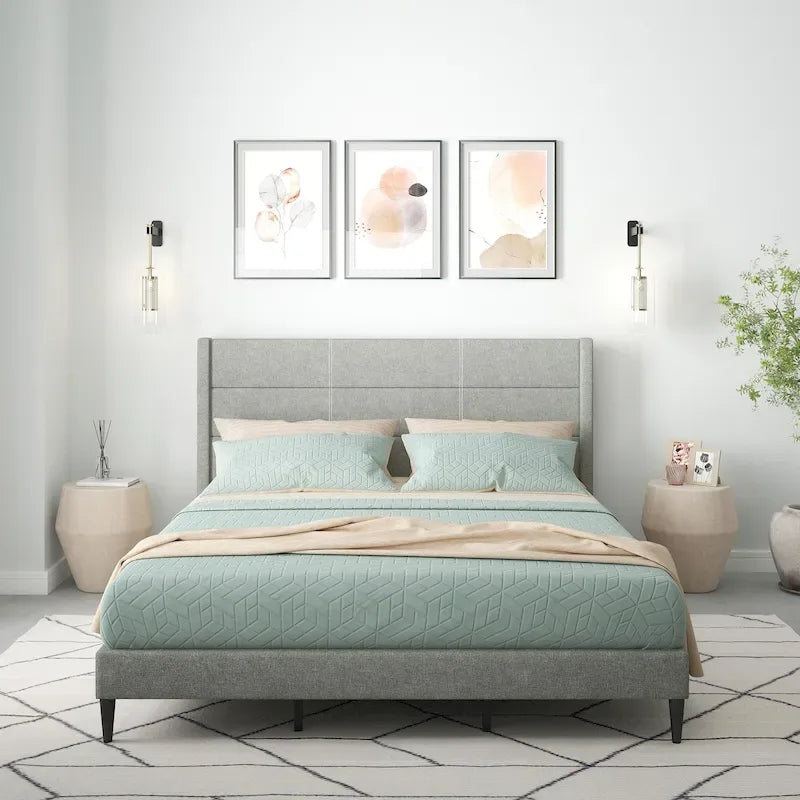 Letto imbottito con testiera ad ali in beige / grigio / pietra