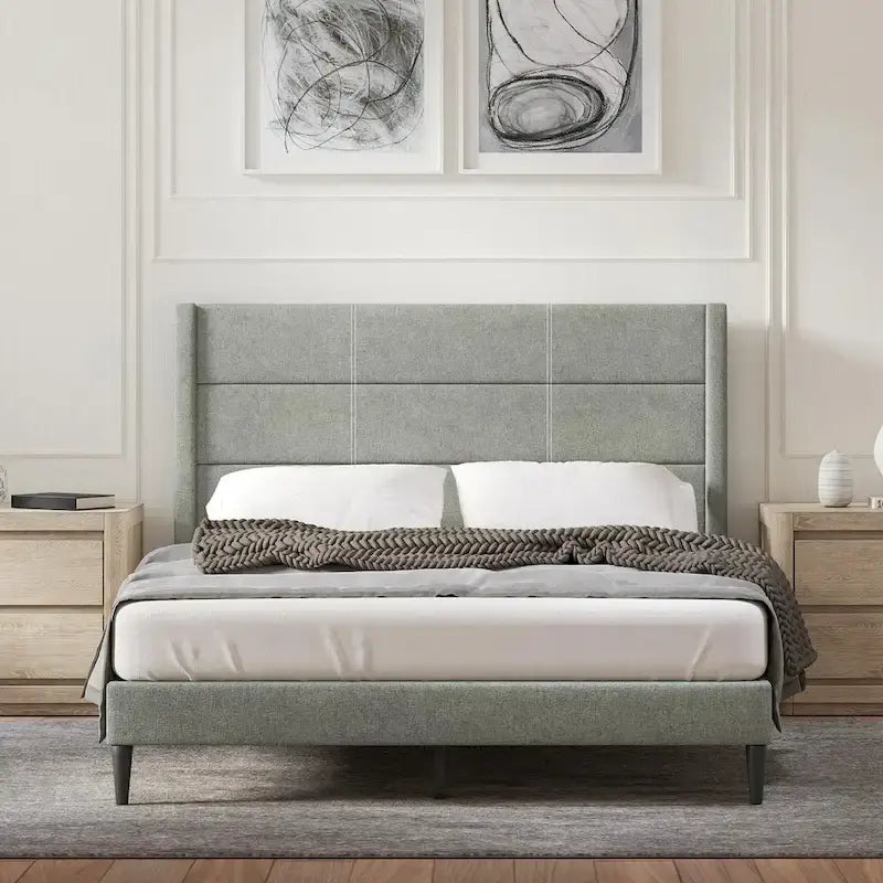 Letto imbottito con testiera ad ali in beige / grigio / pietra