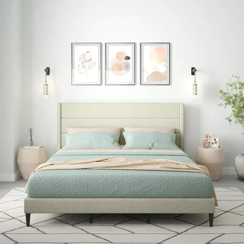 Letto imbottito con testiera ad ali in beige / grigio / pietra