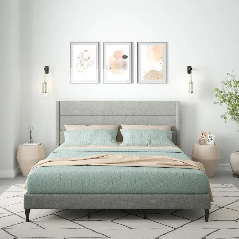 Letto imbottito con testiera ad ali in beige / grigio / pietra
