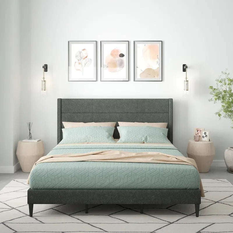 Letto imbottito con testiera ad ali in beige / grigio / pietra