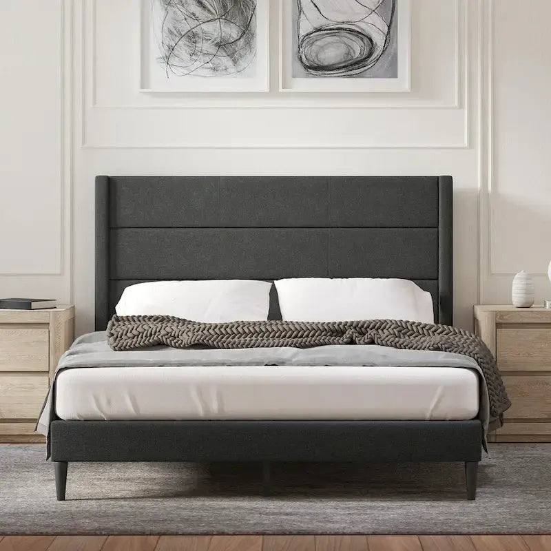 Letto imbottito con testiera ad ali in beige / grigio / pietra