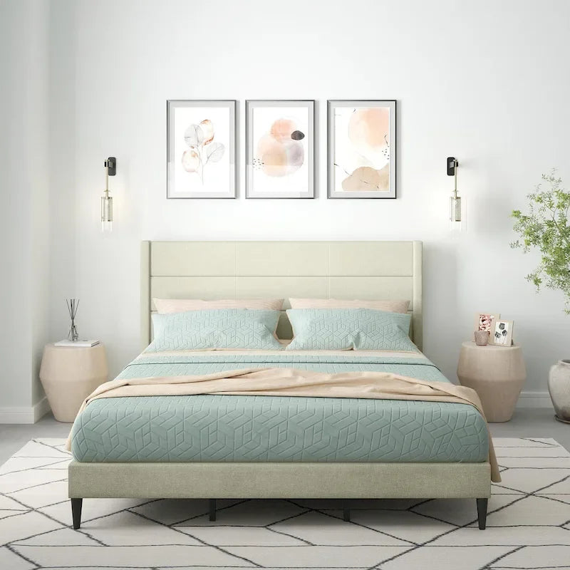 Letto imbottito con testiera ad ali in beige / grigio / pietra