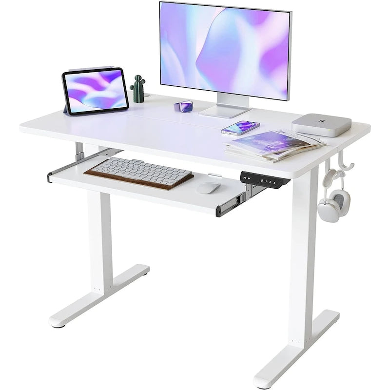 Scrivania ergonomica nera regolabile in altezza con vassoio per tastiera, ripiano in legno, per 1 persona