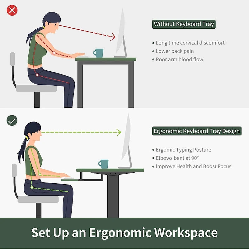 Scrivania ergonomica nera regolabile in altezza con vassoio per tastiera, ripiano in legno, per 1 persona