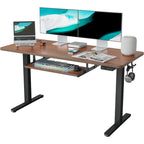 Scrivania ergonomica nera regolabile in altezza con vassoio per tastiera, ripiano in legno, per 1 persona
