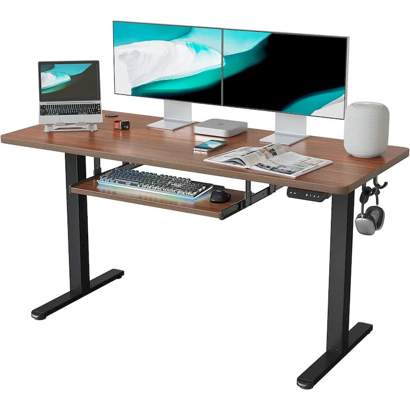 Scrivania ergonomica nera regolabile in altezza con vassoio per tastiera, ripiano in legno, per 1 persona
