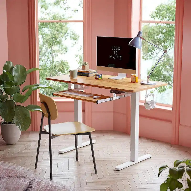 Scrivania ergonomica nera regolabile in altezza con vassoio per tastiera, ripiano in legno, per 1 persona
