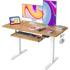 Scrivania ergonomica nera regolabile in altezza con vassoio per tastiera, ripiano in legno, per 1 persona