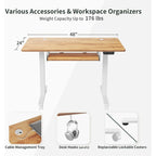 Scrivania ergonomica nera regolabile in altezza con vassoio per tastiera, ripiano in legno, per 1 persona