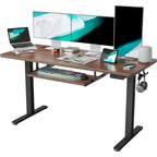 Scrivania ergonomica nera regolabile in altezza con vassoio per tastiera, ripiano in legno, per 1 persona