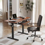 Scrivania ergonomica nera regolabile in altezza con vassoio per tastiera, ripiano in legno, per 1 persona
