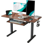 Scrivania ergonomica nera regolabile in altezza con vassoio per tastiera, ripiano in legno, per 1 persona