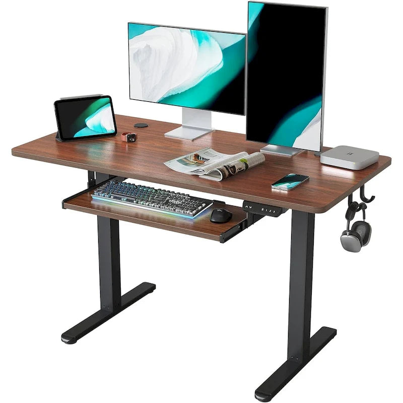 Scrivania ergonomica nera regolabile in altezza con vassoio per tastiera, ripiano in legno, per 1 persona