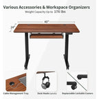 Scrivania ergonomica nera regolabile in altezza con vassoio per tastiera, ripiano in legno, per 1 persona